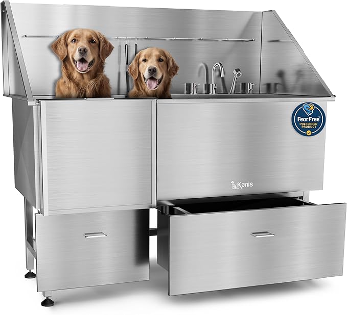 KANIS Professional Dog Washing Station 304 Stainless Steel Pet Wash Sink & Grooming Bathtub w/Shower, Floor Grates and Storage for Large, Medium & Small Pets (Silver, 61 Inches, Left Ramp, 2 Drawers)