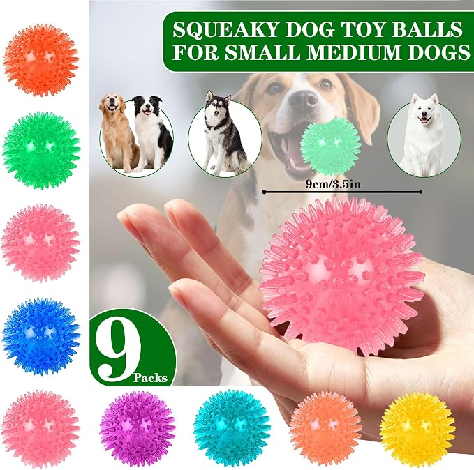 9 Pack Squeaky Dog Balls 3.5″Dog Toys Balls for Medium Large Dogs Pet Puppy Chew Toys for Teething No Odor Durable Spiky Balls for Teeth Cleaning and Training for Medium Dogs (Medium)