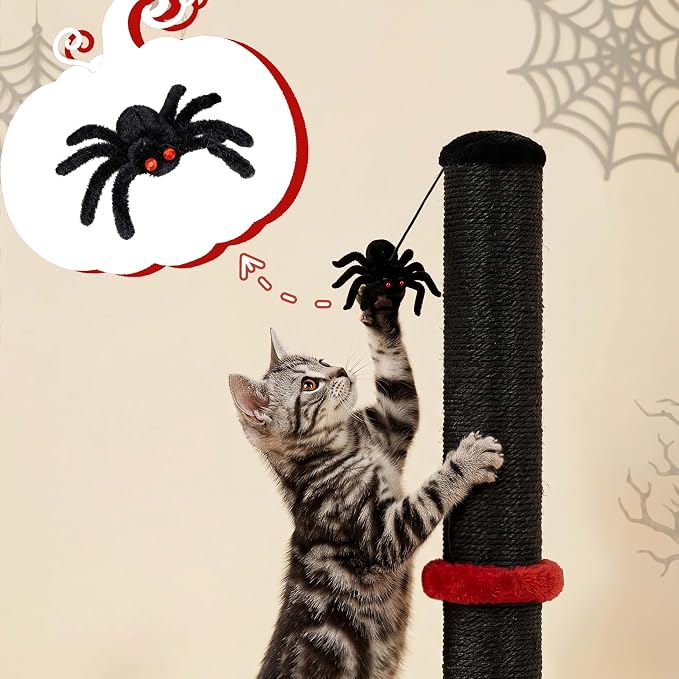Gothic Cat Scratching Post with 40 Pcs Interactive Cat Toys, 34" Tall Cat Scratching Posts for Indoor Cats Adults, Cute Cat Scratch Post with Spider Toys