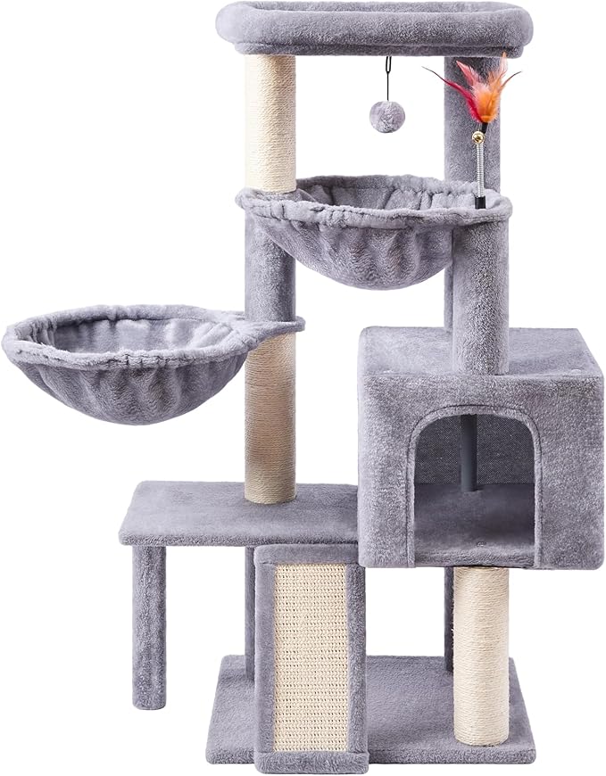 Cat Tree with Cat Condo and Two Hammocks, Cat Tree with Scratching Posts and Scratching Pads, Cat Tower for Indoor Cats, Activity Centre Climbing Tree with Playful Toy Balls, Grey