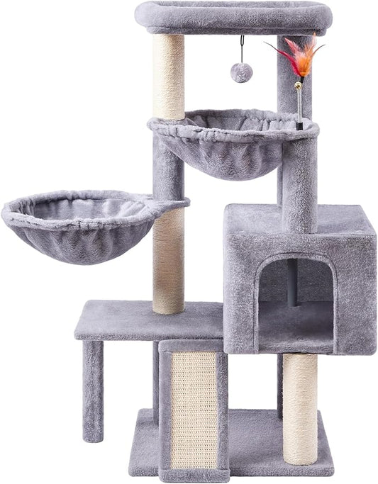 Cat Tree with Cat Condo and Two Hammocks, Cat Tree with Scratching Posts and Scratching Pads, Cat Tower for Indoor Cats, Activity Centre Climbing Tree with Playful Toy Balls, Grey