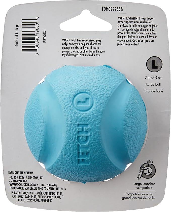Chuckit! High-Bounce Rubber Fetch Ball, Large (3 Inch), Pack of 1, Assorted Colors, For Large Breeds