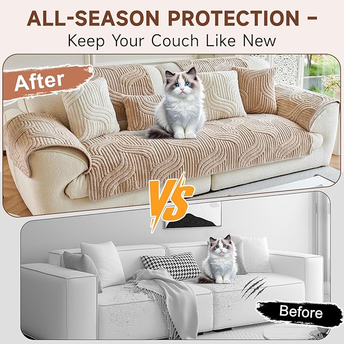 OTOB All Season Couch Cover for Dogs Washable, Non Slip Ultra Soft Plush Pet Couch Covers for 3 Cushion Couch Sofa, Cozy Fuzzy Sofa Slipcovers Furniture Protector, 1 Piece(Coffee, 35.4"x70.9")
