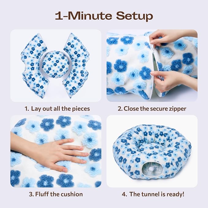 Meowfia Indoor Cat Tunnel with Donut Bed - Large Flexible Play Space for Multiple Pets - Circle or Snake Shape, Cozy Lounge (Blue Blossom)
