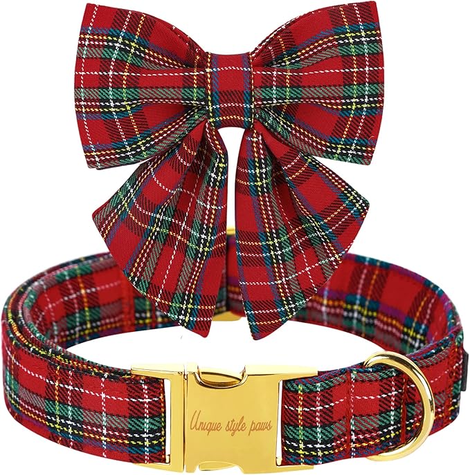 Unique style paws Christmas Dog Collar with Bow Tie Scottish Plaid Puppy Collar for Small Medium Large Dogs as Holiday Autumn Winter Gifts-S