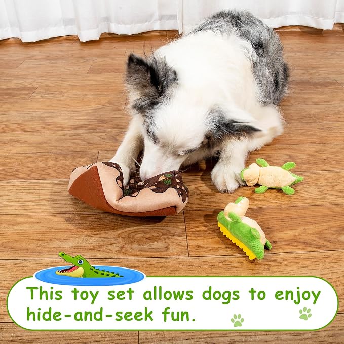 Hollypet Squeaky Dog Toy, Interactive Plush Hide and Seek Dog Toys for Small Medium Sized Dogs and Non-Aggressive Chewers, Puppy Teeth Clean Chew Toys, Crocodile