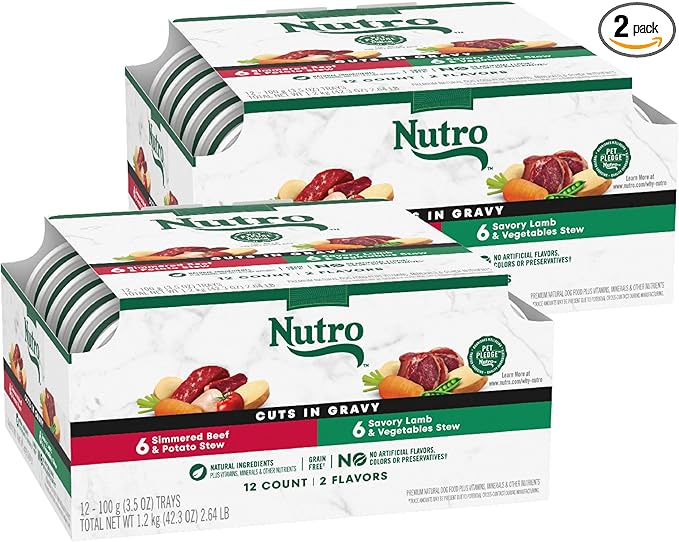 Nutro Natural Choice Cuts in Gravy Wet Dog Food, Grain Free Dog Food Wet Lamb and Beef Recipes Variety Pack, 3.5 oz. Trays (12 Count, Pack of 2)