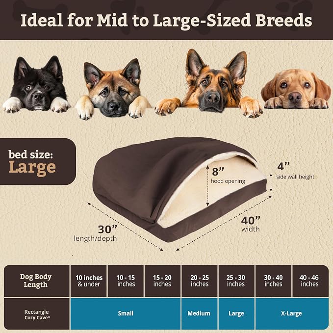Snoozer Rectangle Cozy Cave Dog Bed - Indoor Dog Bed with Cover Cave, Covered Calming Burrow for Medium & Large Sized Pets with Blanket Attached, Enclosed, Washable Cover - Large, Hot Fudge