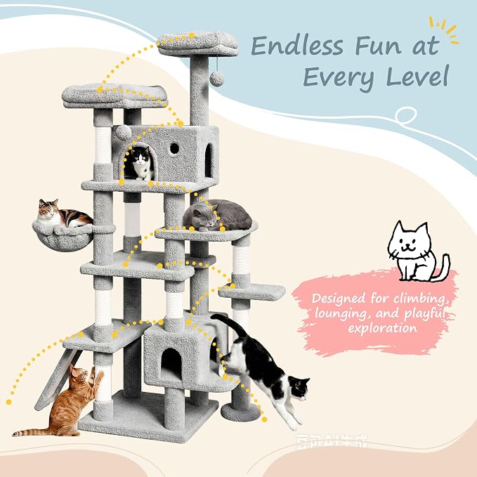 SHA CERLIN 82 inch, Multi-Level Cat Tree Tower for Indoor Cats, Cat Condo with Sisal Scratching Posts, Plush Perches, Hammocks, Toy Balls，Grey