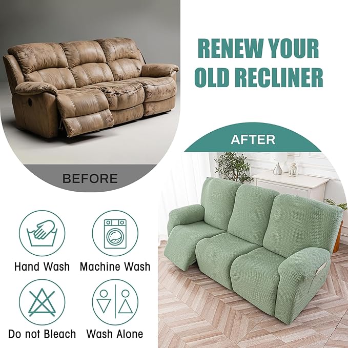 Genina Recliner Sofa Covers - Stretch Reclining Couch Covers with Stripe Jacquard - 3 Seat Cushion Slipcovers with Soft Fabric - Furniture Protector for Pet Kid (Matcha Green)