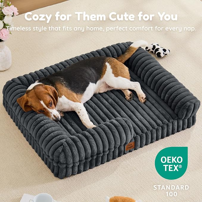 Orthopedic Dog Bed for Large Dogs, Washable Dog Bed with Faux Rabbit Fur Waterproof Cover, High Density Egg Crate Foam Support with 3-Sided Bolsters for Senior Dogs, Non-Skid Bottom,35x28x7, Dark Grey