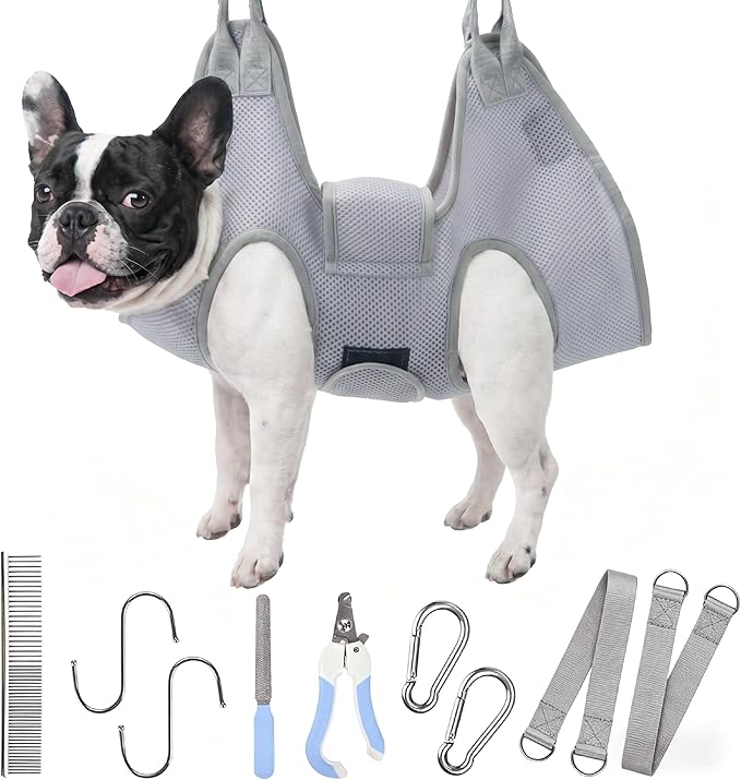 PatiencET Dog Grooming Hammock for Small Dogs Pet Hammock for Nail Trimming Dog Sling for Nail Clipping Dog Hanging Harness (Gray S)