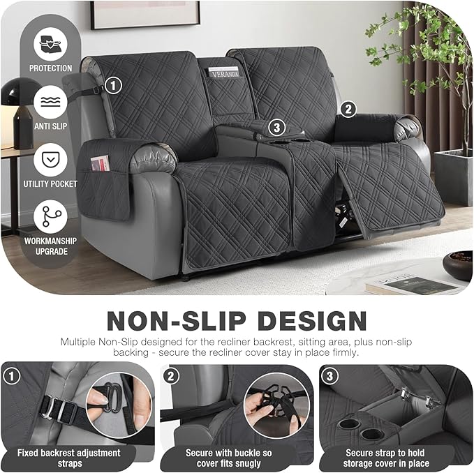 TAOCOCO Loveseat Recliner Cover with Console, Non-Slip Split Reclining Pet Cover for Dual Loveseat Recliner, Furniture Protector with Elastic Straps (2 Seater, Charcoal Gray)