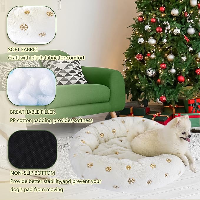 23 Inch Christmas Snowflakes Calming Dog Bed for Small Dogs Cats, Kitty Puppy Round Anti-Anxiety Warm Bed, Soft Cozy Anti-Slip Donut Washable Pet Bed, Fits up to 30 lbs Pets