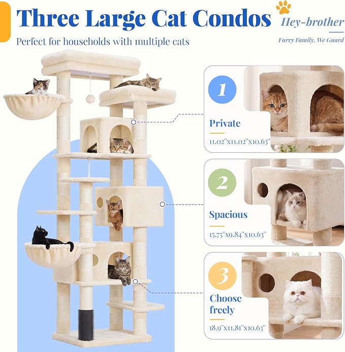 Hey-brother Cat Tree, 74 inches Multi-Level XL Large Cat Tower for Indoor Cats with Three Cat Condos, Two Large Top Decks and Cat Hairbrushfor Kittens, Cats and Pets, Beige MPJ035-MM