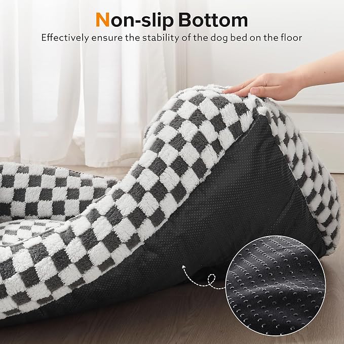JOEJOY Dog Beds for Small Dogs -Cute Cat Beds for Indoor Cats Calming Pet Beds, Rectangle Orthopedic Cuddle Puppy Bed with Jacquard Shaggy Plush & Anti Slip Bottom, 20x19x6inches, Grey