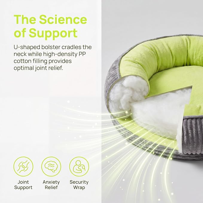 Calming Dog Bed for Small Dogs 18"x20" - Washable Donut Pet Bed with Anti-Slip Bottom, Soft Puppy Bed for Indoor Kittens and Cats with Removable Cover (Lime Green)