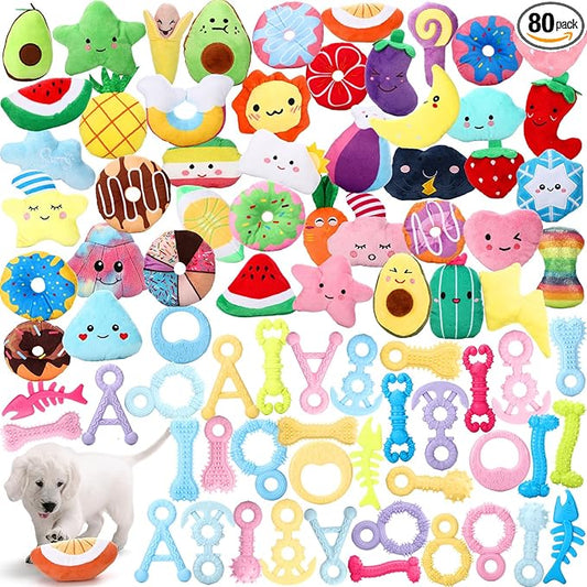 Hungdao 80 Pcs Dog Squeaky Toys Bulk for Small Dog Cute Plush Stuffed Puppy Chew Teething Toys Pet Bundle Easter Gift for Chewing Cleaning & Interactive Play(Vivid Style)