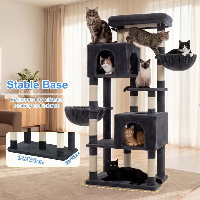 Heybly 68.1" Cat Tree with Oversized Top Platform & Wide Base, Heavy Duty Cat Tower for Large Indoor Cats with 2 Condos, 2 Hammocks, 10 Sisal Scratching Posts, Stable Cat House, Smoky Gray HCT059G