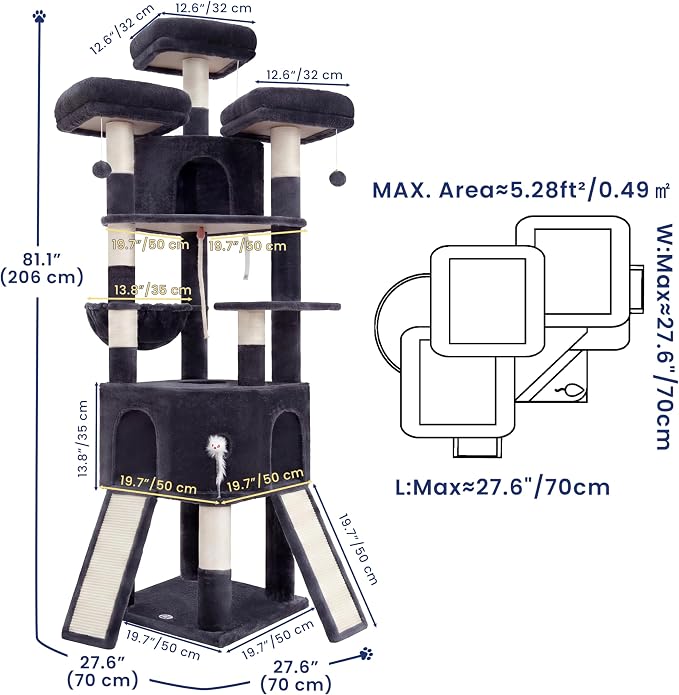 Cat Tree, 81.1-Inch Tall Heavy Duty Cat Tower with Diamond-Shaped Condo for Large Cats, Cat Furniture with 3 Wide Platforms, 2 Sisal Scratchers, Hammock & Stable Base, Smoky Gray VCT032G