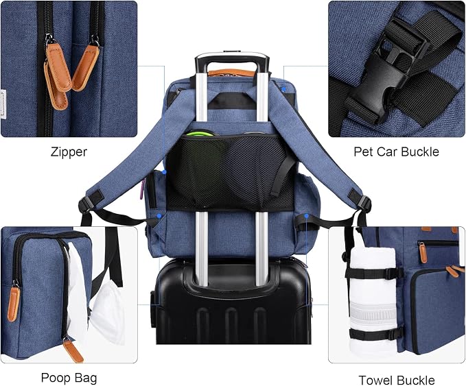 Modoker Dog Travel Bag, Airline Approved Backpack for Pet Accessories Organizer, Tote Weekend Bag with 2 Food Storage Containers, 2 Collapsible Dog Bowls, 1 Pet Mat, Blue