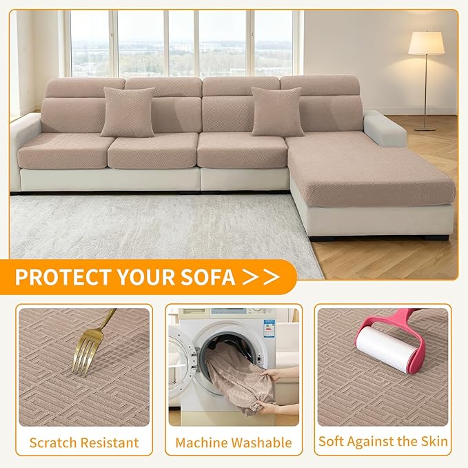 XINEAGE Couch Cushion Covers,Loveseat Seat Slipcovers for Pets,Non Slip Sofa Seat Cover Washable,Sofa Slipcovers with Elastic Bottom(1 Piece Loveseat Cushion Cover,Khaki)