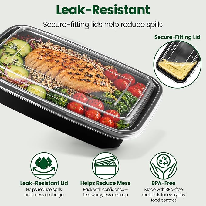 Meal Prep Containers with Lids 32oz-50 Pack & Free 50 Forks Individually Wrapped, Disposable Food Storage Containers BPA Free, Leak-Resistant, Microwave & Freezer Safe for Salad,Lunch,Take out,Togo