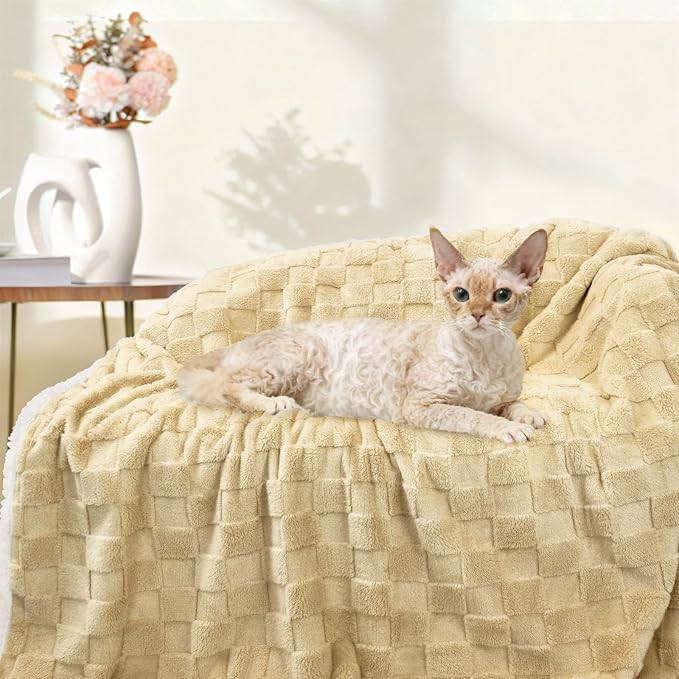 Luciphia Waterproof Dog Blanket, Emotional Support Leakproof Large Pet Blanket for Couch Sofa Bed Protector, Washable Soft Sherpa Fleece with 3D Jacquard, Cozy Calming Reversible, Yellow, 85"x57"