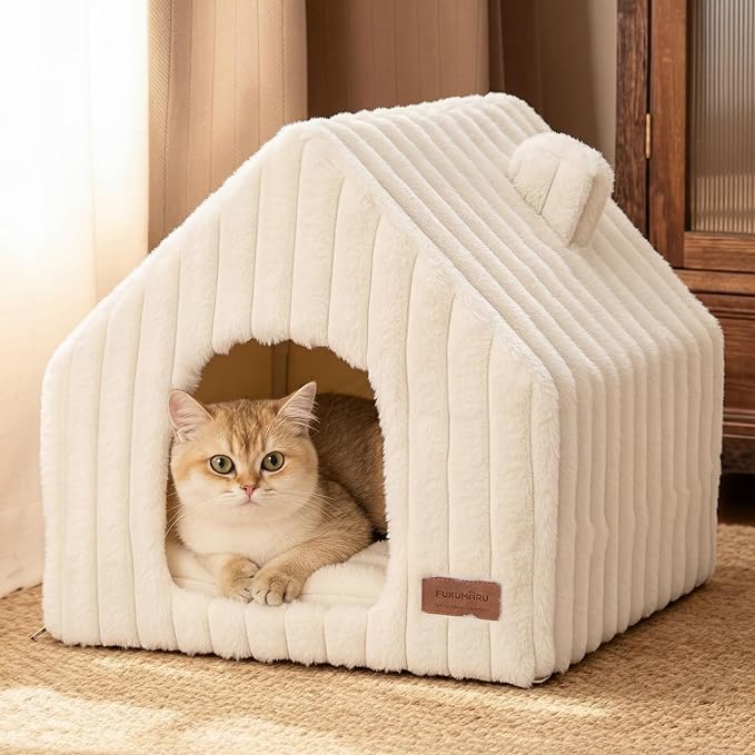 FUKUMARU Cat Houses for Indoor Cats, Washable Cute Cat Bed Cave with Removable Pillow, Large Semi-Enclosed Cozy Dog House Indoor, Soft Faux Rabbit Fur Kitten Bed, 17.5-Inch Cat Hideaway, Cream