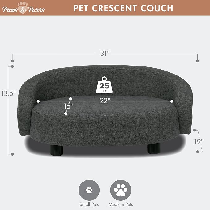 Paws & Purrs Arc Crescent Back Sofa Style Pet Bed, Dog & Cat Modern Couch with Tufted Cushion & Armrest, Stylish Indoor Pet Furniture, Dark Gray