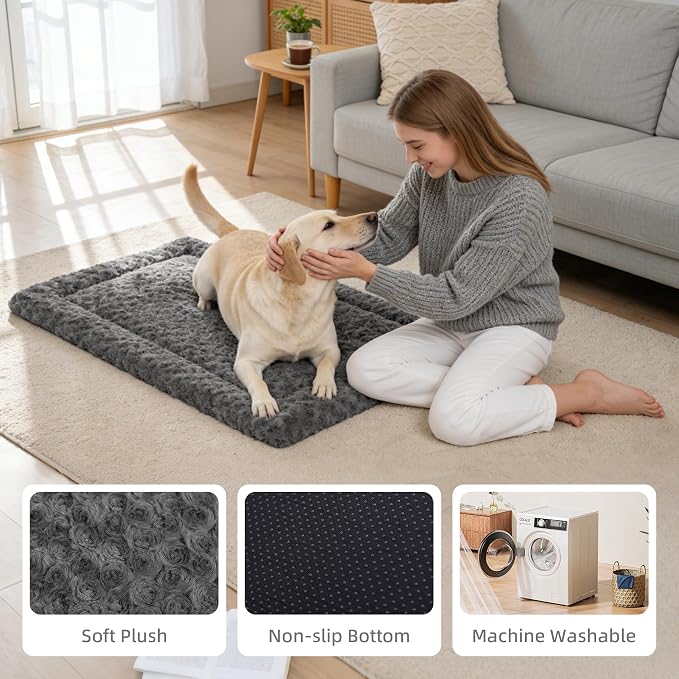 Washable Dog Bed Mat Ultra Soft Dog Crate Pad Comfy Fluffy Pet Kennel Beds Sleeping Mattress for Large Jumbo Medium Small Dogs Grey