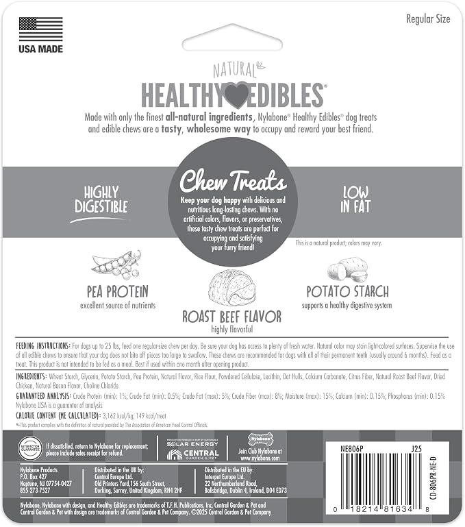 Nylabone Healthy Edibles Natural Dog Chews, Long Lasting Bones for Dogs, Roast Beef Flavor Dog Treats, Small (3 Count) (Pack of 2)