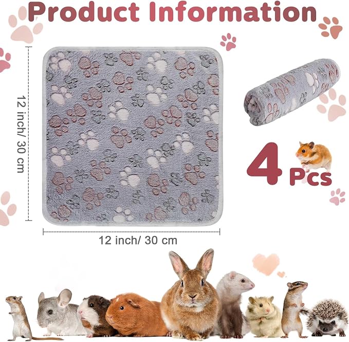 Reginary 4 Pcs Waterproof Guinea Pig Blankets Washable Small Animal Fleece Bedding Absorbent Guinea Pig Cage Liners Reusable Training Pee Pad Pet Sleep Mat for Hamster(Adorable Paw,12 x 12 Inch)