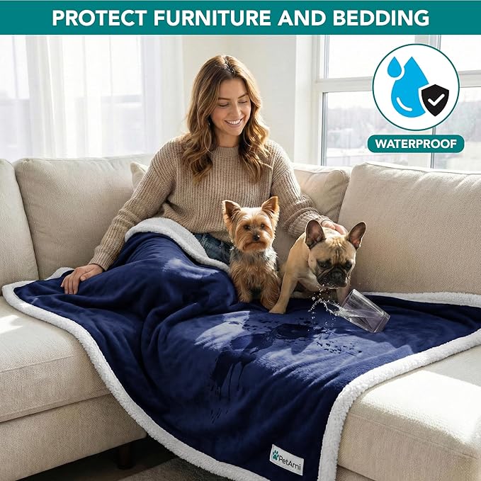 PetAmi Waterproof Dog Blanket for Couch, Pee Proof Sherpa Fleece Reversible Pet Throw, Furniture Protector for Bed Sofa Kennel, Soft Washable Cover for Small Medium Dog Puppy Cat, 29x40 Navy Blue