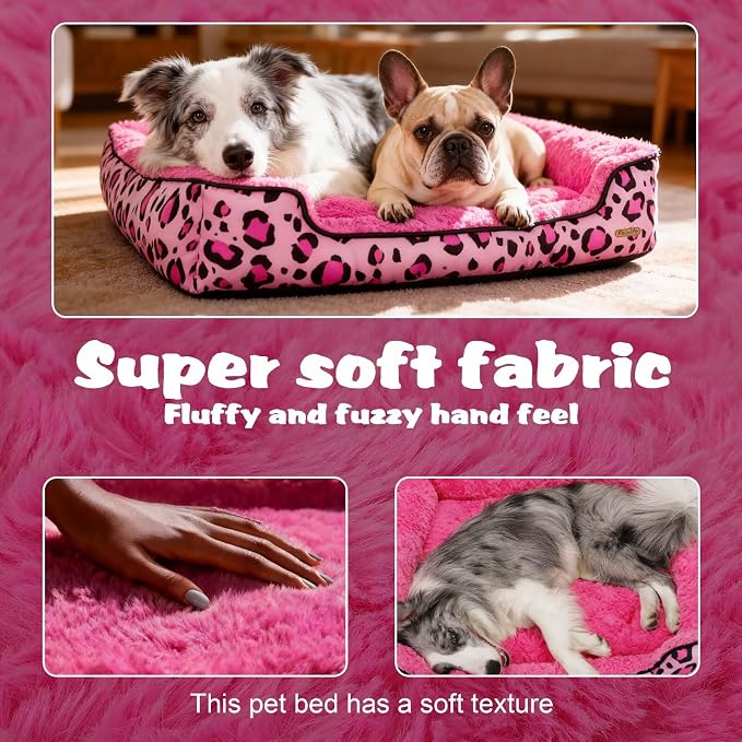 Rectangle Washable Dog Bed for Large, Medium & Small Dogs – Soft Calming Puppy Beds, Durable Warm Pet Sofa with Non-Slip Bottom for Indoor Use.Pink M Size (33.5"x33.5"x7.1")