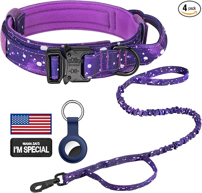DAGANXI Tactical Dog Collar, Adjustable Military Training Nylon Dog Collar with Control Handle and Heavy Metal Buckle for Medium and Large Dogs, with Patches and Airtags Case (L, Purple Sky-Set)