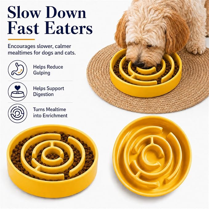 Slow Feeder Dog Bowls, Silicone Dog Bowl with Anti-Slip, Slow Feeder & Non-Slip Design, Boredom and Anxiety Reducer, Suitable for All Breed Dogs and Cat (Ceramic-Yellow)