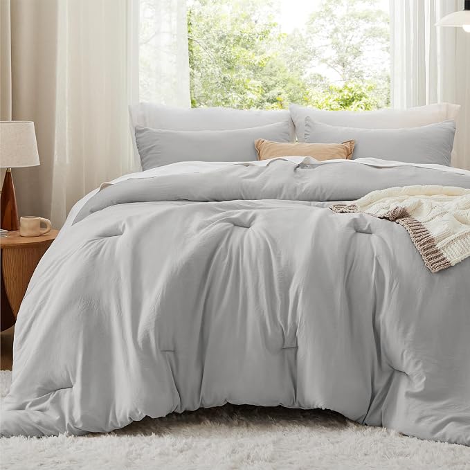 Bedsure King Comforter Set, Silver Grey Soft Prewashed Bedding for All Seasons, 3 Pieces GentleSoft Bed Set, 1 Lightweight Comforter (104"x90") and 2 Pillowcases (20"x36")