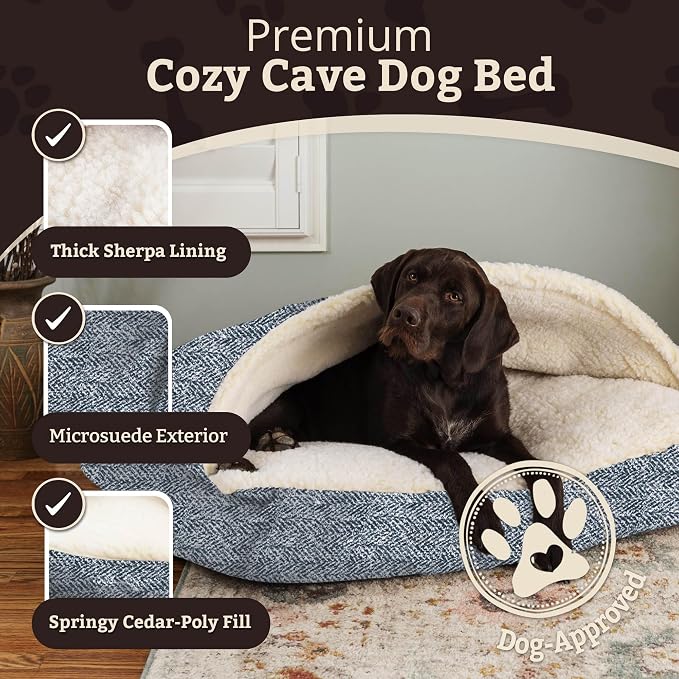 Snoozer Rectangle Cozy Cave Dog Bed - Indoor Dog Bed with Cover Cave, Covered Calming Burrow for Small & Medium Sized Pets with Blanket Attached, Enclosed, Washable Cover - Medium, Palmer Indigo