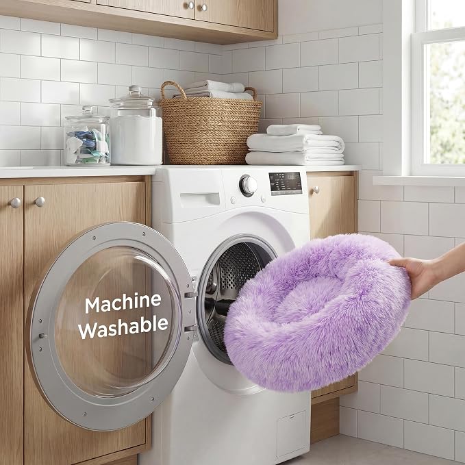 Tiny Dog Bed 15 Inch for Extra Small Dogs,Washable Puppy Bed,Soft Faux Fur Calming Donut Bed for Chihuahua Yorkie Maltese Pomeranian,Purple and White