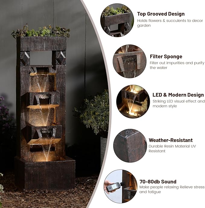 Bumilgar 40.9" H 4-Tier Indoor/Outdoor Modern Water Fountain with Led Lights and Pump, Outdoor Freestanding Cascading Waterfall - Suitable for Garden, Patio, Porch, Yard and Outdoor Decor (Brown)