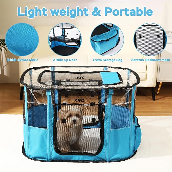 Portable Pet Playpen with Waterproof pad, Collapsible Crates Kennel Playpen for Dog cat and Rabbit &Travel playpen Outdoor or Indoor (Medium（31.5" L x 23.6" W x 21.7" H）, Clear Blue)