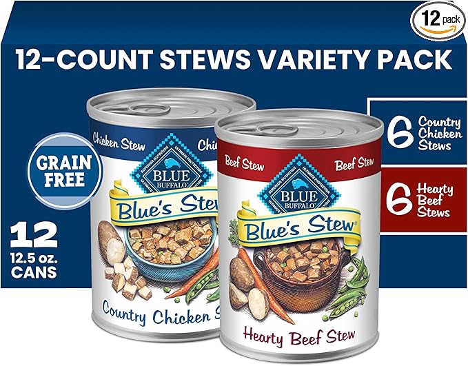 Blue Buffalo Blue’s Stew Variety Pack Hearty Beef & Country Chicken Stew with Peas, Carrots, & Potatoes in Thick Savory Gravy, Made with Natural Ingredients, 12.5-oz Cans (12 Count)