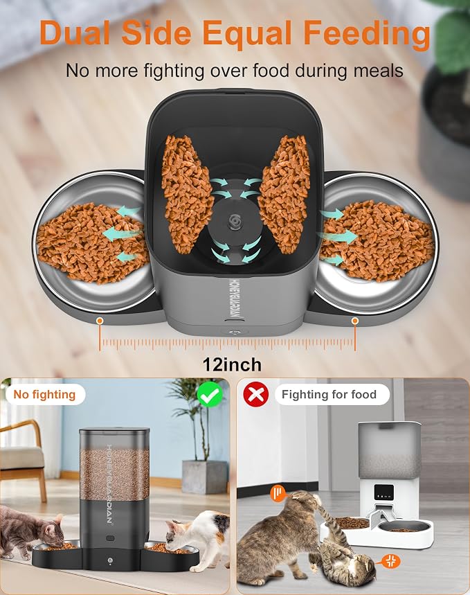 HoneyGuaridan 5L Automatic Cat Feeder for Two Cats, 2.4/5G WiFi Smart Feed Pet Feeder with Stainless Steel Bowl,APP Control Dispenser, Dual Power Supply,Desiccant Bag,10s Meal Call Black