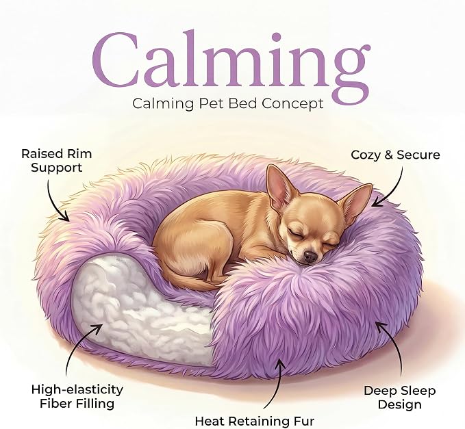 Tiny Dog Bed 15 Inch for Extra Small Dogs,Washable Puppy Bed,Soft Faux Fur Calming Donut Bed for Chihuahua Yorkie Maltese Pomeranian,Purple and White
