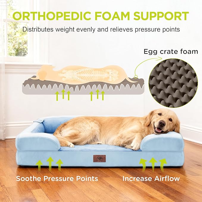Orthopedic Memory Foam Dog Bed, 36x27, Waterproof for Large Dogs | Removable, washable cover • Waterproof memory foam liner • Bolstered couch design for joint relief • Includes tennis ball toy