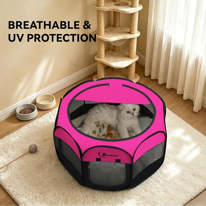 Siedihit Dog Playpen, Puppy Pet Playpens Indoor for Small Dogs Tent Crates Cage Indoor/Outdoor, Portable Pop Up Dog Kennel Playpen with Carrying Case for Dogs/Cats/Rabbits, Hot Pink