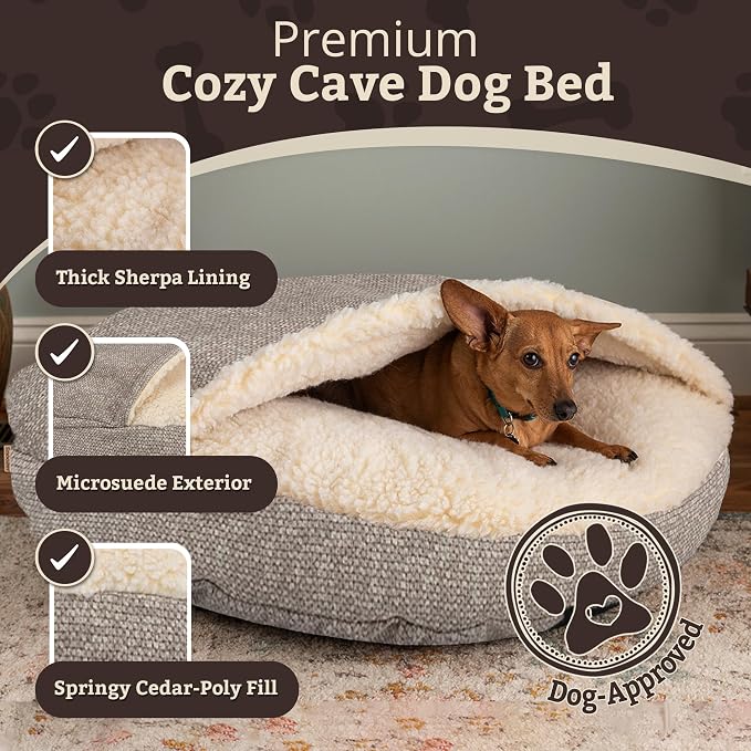 Snoozer Cozy Cave Dog Bed - Indoor Dog Bed with Cover Cave, Covered Calming Burrow for Medium & Large Sized Pets with Blanket Attached, Enclosed, Removable Washable Cover - XL, Merlin Linen