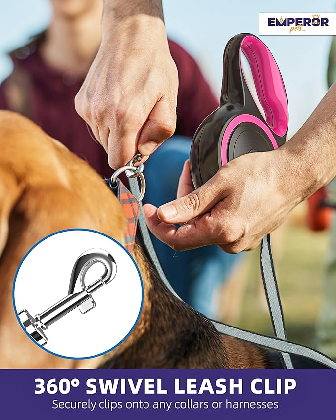 Emperor Pets Pink Heavy Duty Retractable Dog Leash 26 ft – Tangle-Free Nylon Tape, Anti-Slip Grip, Reflective – Retractable Leash for Medium Large Dogs up to 110 lbs -Classic-PK26