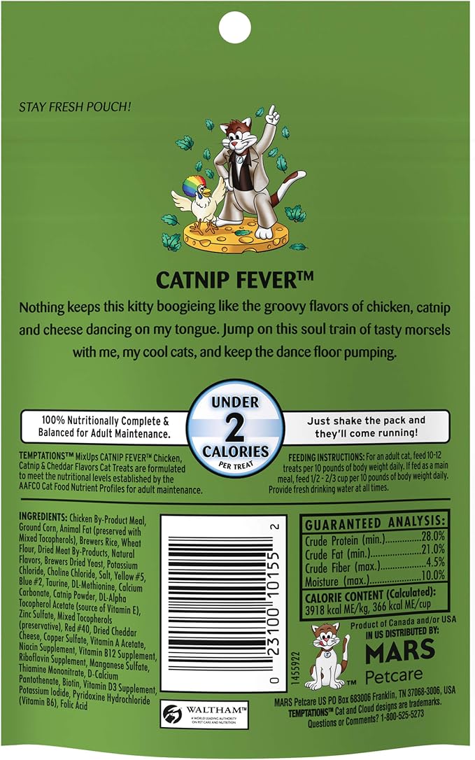 Temptations Cat Treats, Classic Crunchy and Soft Cat Treats, Catnip Fever Flavor, Catnip Treats, 3 oz. Pouch (Pack of 12)